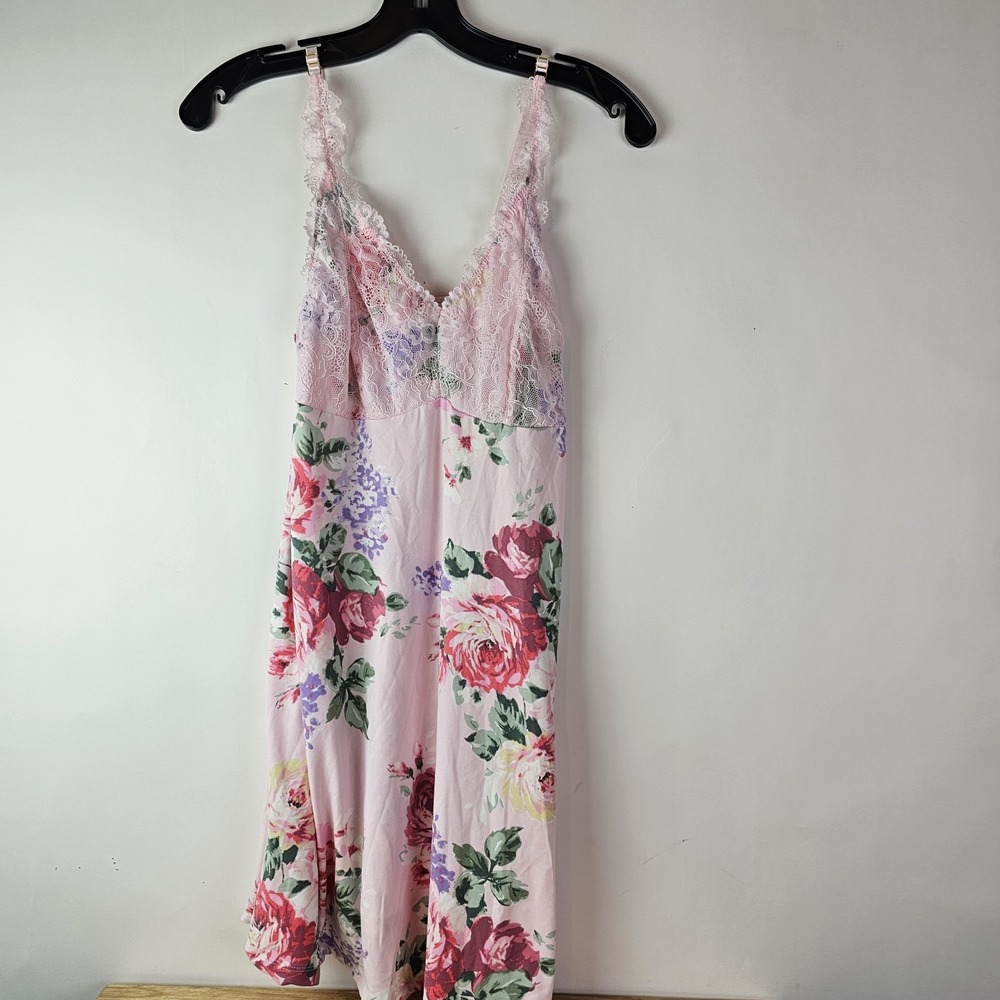 Flora Nikrooz Womens M Pink Floral Soft Knit Lace Bodice Chemise Sleepwear